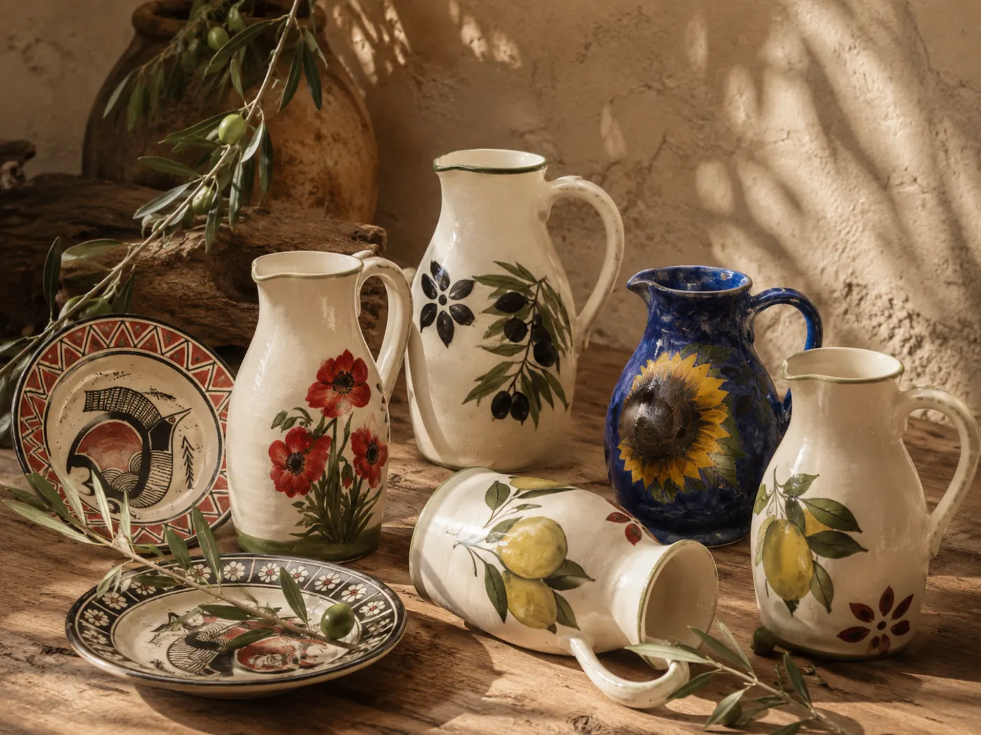 Hand-painted Dizayn74 pottery jugs and plates with olive branches laid across rustic wood in warm afternoon light