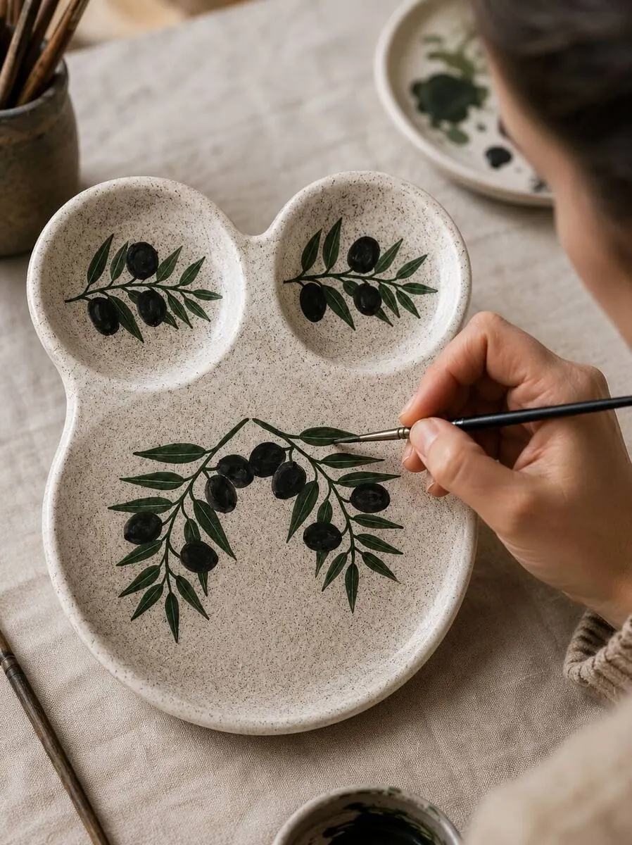 Artist hand-painting an olive branch motif onto a ceramic plate