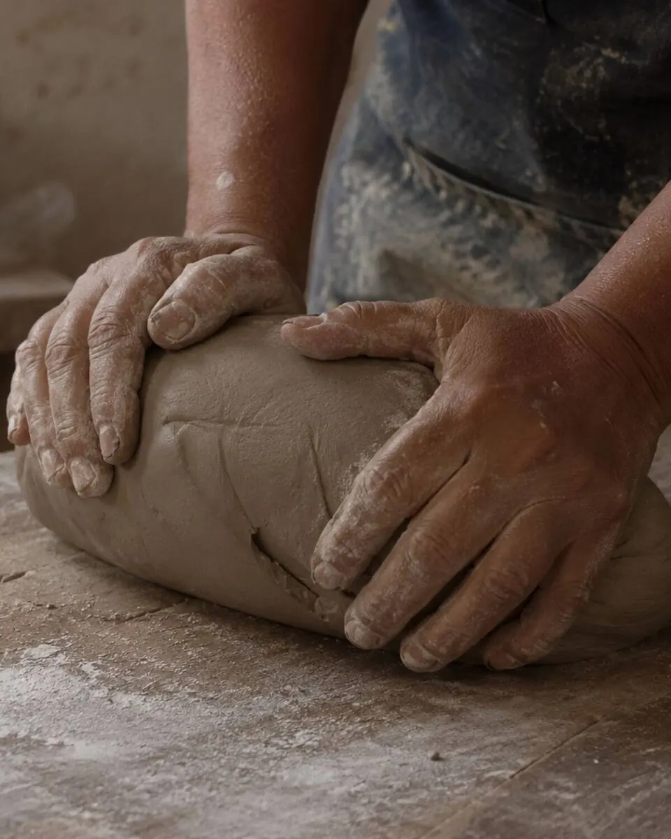 Hands wedging raw clay on a wooden bench in the Dizayn74 studio