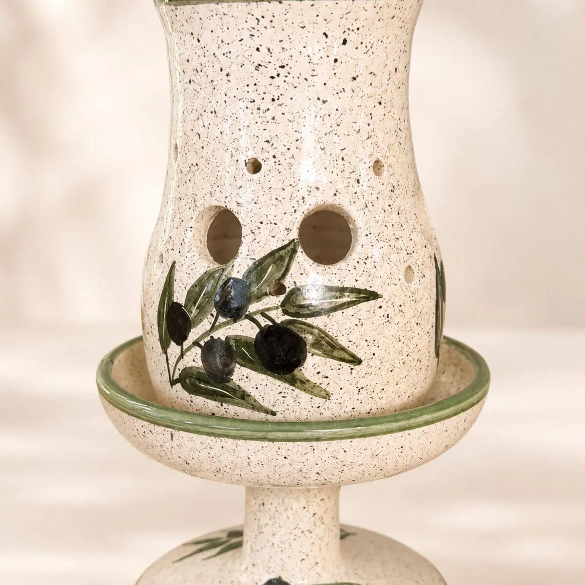 Speckled cream ceramic candle holder with hand-painted olive branch motif by Dizayn74