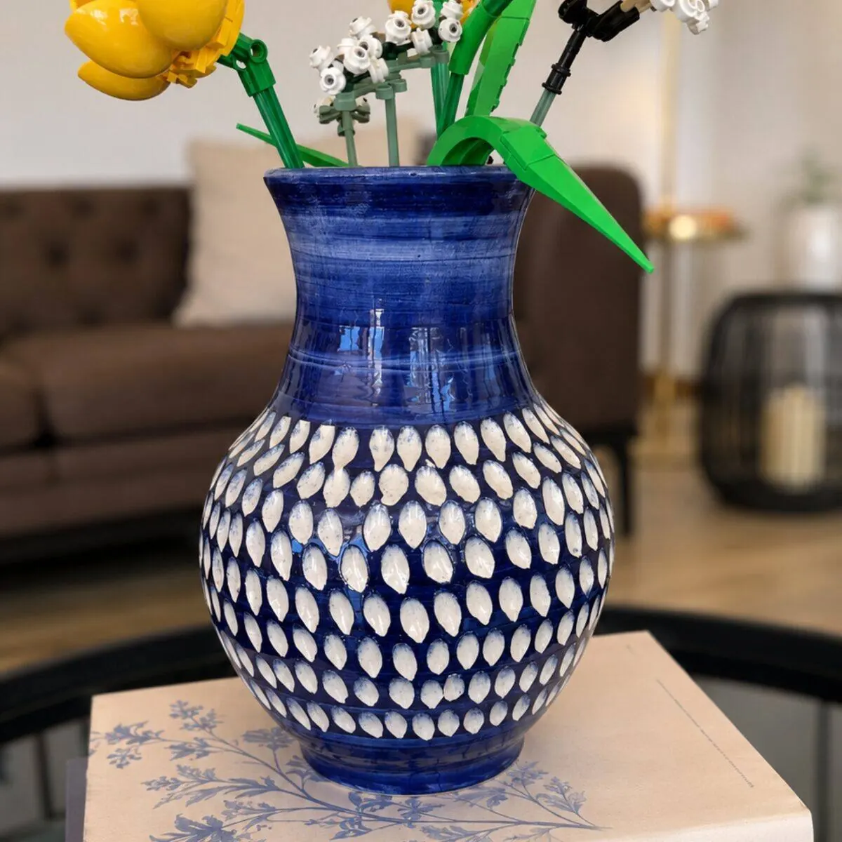 Cobalt blue handmade ceramic vase with white textured detail by Dizayn74