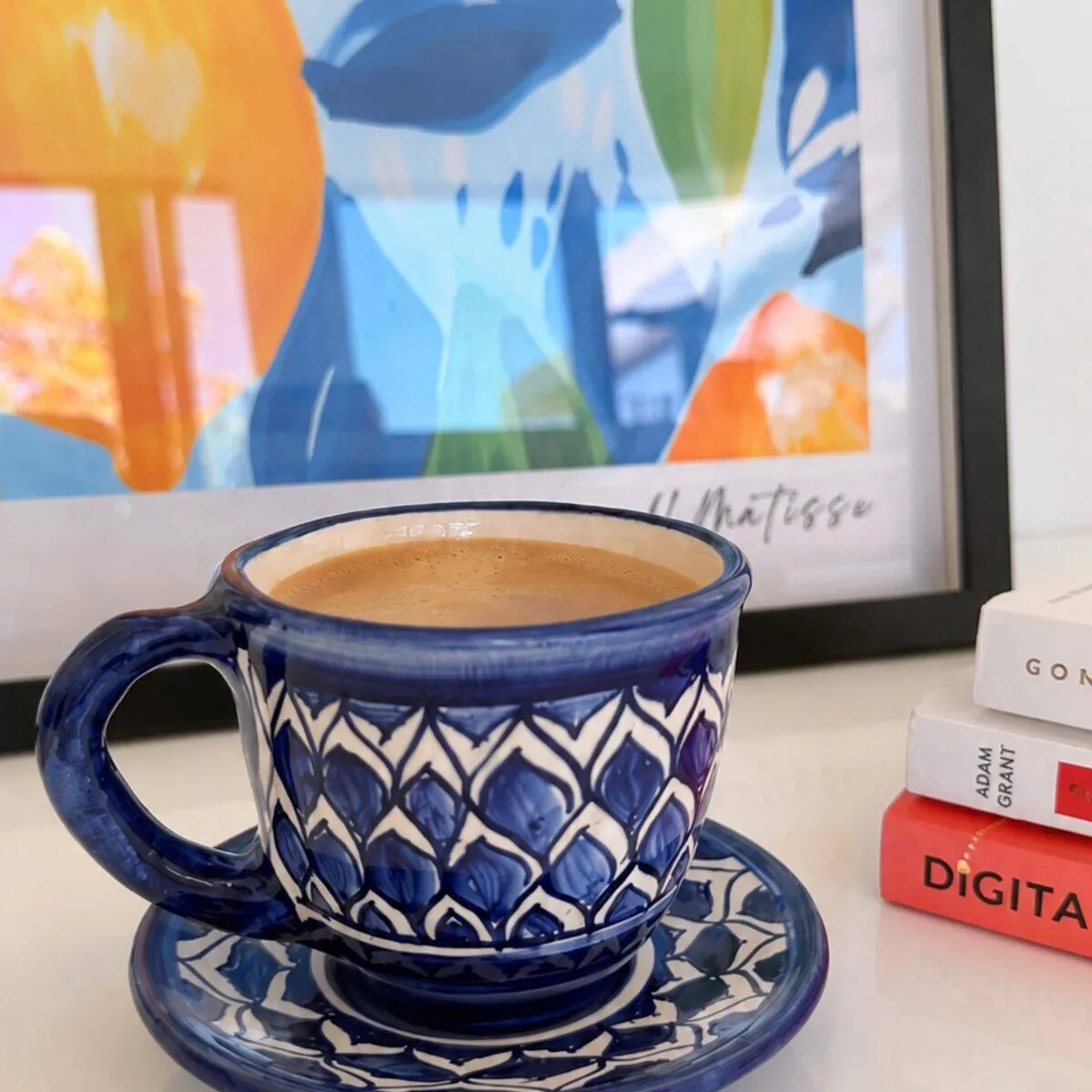 Handmade cobalt blue ceramic coffee cup and saucer with white geometric pattern by Dizayn74
