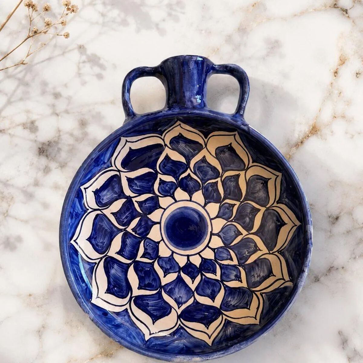 Cobalt blue handmade ceramic flask plate with intricate white mandala motif by Dizayn74
