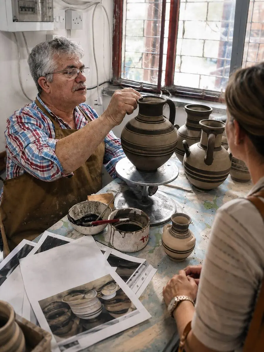 Hasan Eminağa showing a hand-painted striped jug to a visitor at the Dizayn74 studio in Kyrenia